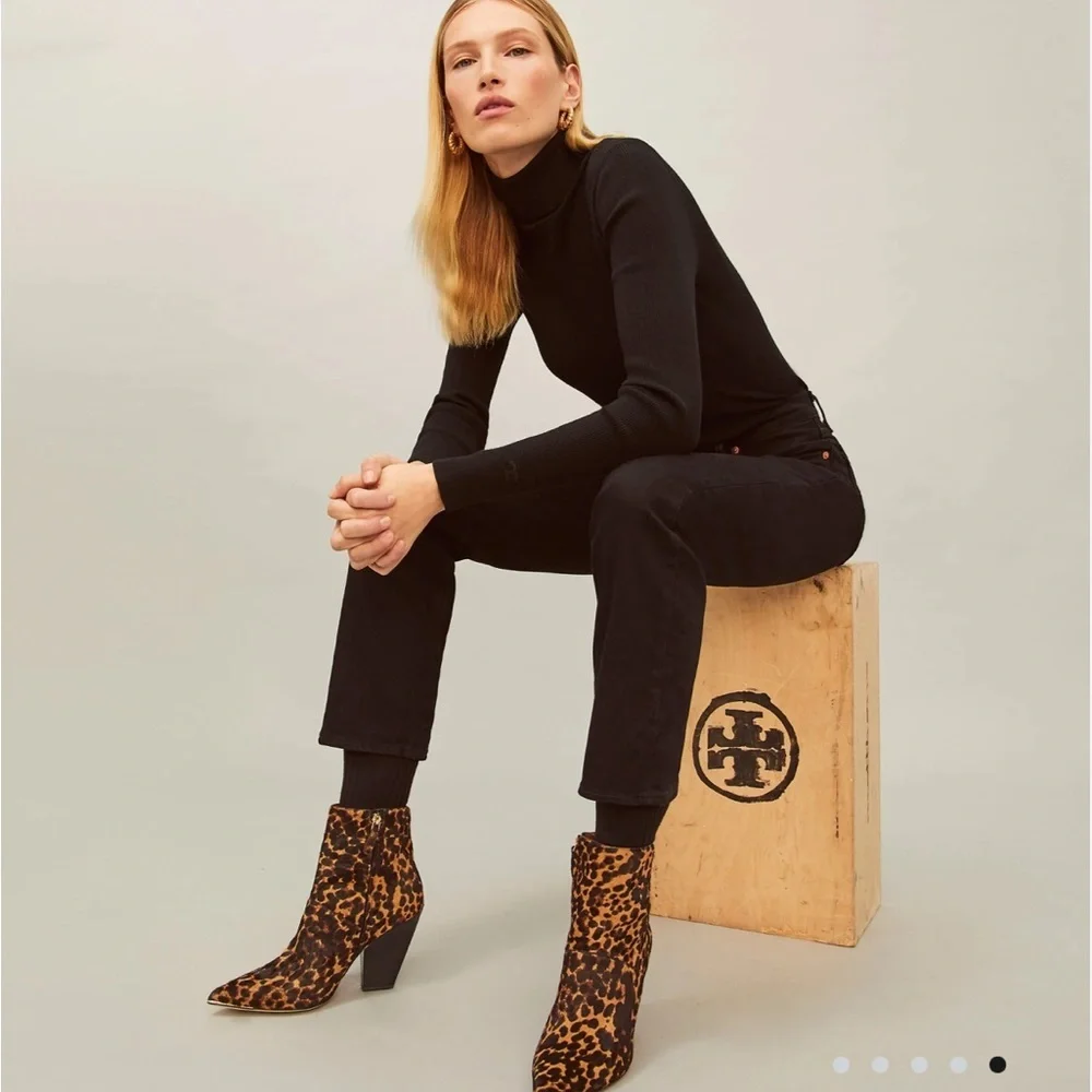 Tory Burch Lila Leopard Calf Hair Pointed Toe Ankle Boots Brown Black 7 Designer